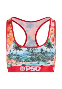 Branded sports-bh med rød kant, prydet med et tropisk blomsterprint i livlige farver. Racerback-design, letvægtsstof og elastisk bånd.