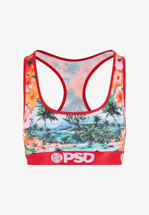 Značková sportovní podprsenka s červenými detaily, zdobená tropickým květinovým potiskem v živých barvách. Návrh s racerbackem, lehký materiál a elastický pás.