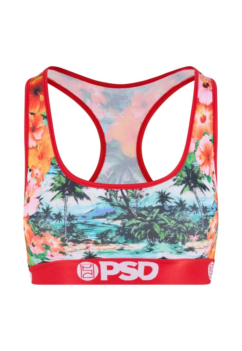Branded sports-bh med rød kant, prydet med et tropisk blomsterprint i livlige farver. Racerback-design, letvægtsstof og elastisk bånd.