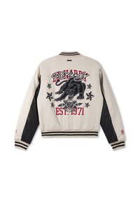 Beige and black varsity jacket with embroidered black panther, stars, red "Ed Hardy" script, and "EST. 1971" on the back.