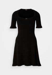 Black ribbed dress with a scoop neckline and short ruffled sleeves, flaring out gently from the waist. No additional details visible.