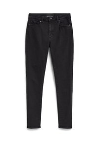 Jean skinny noir en denim ; design à cinq poches avec fermeture éclair et bouton. Caractéristiques d'une texture subtile et d'une couture propre et minimaliste.