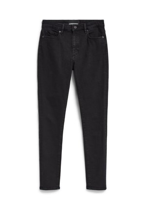 Zwarte skinny jeans gemaakt van denim; vijf-pocket ontwerp met een rits en knoopsluiting. Heeft een subtiele textuur en een schone, minimalistische stitching.