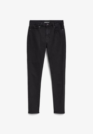 Zwarte skinny jeans gemaakt van denim; vijf-pocket ontwerp met een rits en knoopsluiting. Heeft een subtiele textuur en een schone, minimalistische stitching.