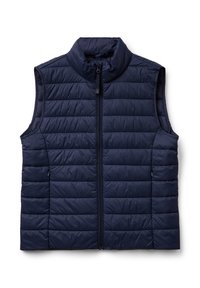 Tmavě modrá prošívaná vesta s vysokým límcem, předním zipem a dvěma bočními kapsami. Látka má hladkou texturu a je lehká.