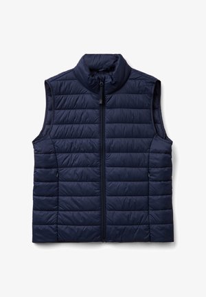 Dunkelblau gesteppte Weste mit hohem Kragen, Front-Reißverschluss und zwei seitlichen Taschen. Der Stoff hat eine glatte Textur und ist leicht.