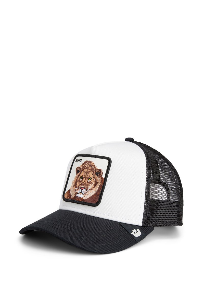 Trucker cap with a white front, black mesh sides, and a curved brim. Features an embroidered lion patch with the text "KING" above.