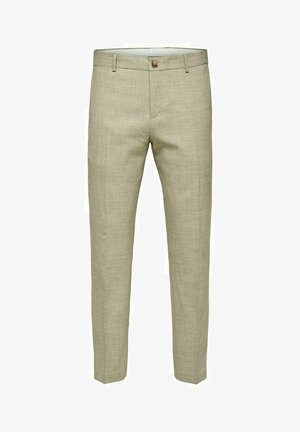 Beige linnen broek met een rechte pasvorm, voorzien van een enkele knoopsluiting en ceintuurlussen. Gladde textuur met minimale ontwerpelementen.