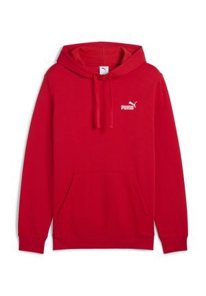 Crvena Puma dukserica s kapuljačom, s uzicama, prednjim kengur džepom i bijelim Puma logotipom na prsima.