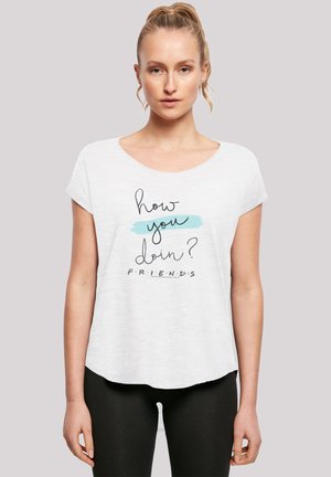 White short-sleeved t-shirt with rounded neckline, featuring black and teal text: "how you doin'? F.R.I.E.N.D.S." Smooth, lightweight fabric.