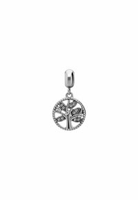 Silver charm with a tree design, featuring intricate branches and leaves, embellished with clear stones, circular shape with beaded accents.