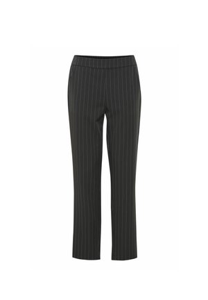 Czarne spodnie w prążki o dopasowanym kroju, z płaskim pasem i prostymi nogawkami. Gładki materiał o delikatnym połysku.