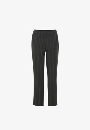 Sorte pinstripede bukser med en tætsiddende pasform, der har en flad talje og et lige ben-design. Glat stof med en subtil glans.