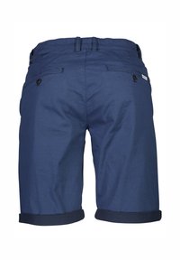 Pantaloni corti blu navy in tessuto strutturato, con orlo risvoltato e due tasche posteriori con chiusura a bottone. Dettagli di motivo sottili su tutta la superficie.