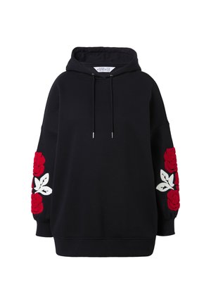 Zwarte hoodie met een ontspannen pasvorm, voorzien van rode geborduurde rozen en witte bladeren op de mouwen. Met trekkoordkap en ribgebreide manchetten.