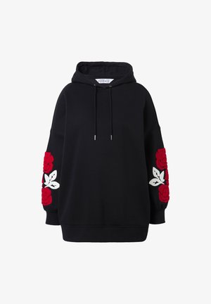 Felpa nera con un fit morbido, caratterizzata da rose rosse ricamate e foglie bianche sulle maniche. Cappuccio con cordoncino e polsini a costine.