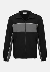 Μαύρο μπουφάν με γκρι οριζόντια ρίγα, διαθέτει φερμουάρ, πλαϊνές τσέπες και ελαστικά μανίκια για εφαρμοστή εμφάνιση.