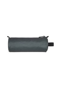 Gray cylindrical pencil case made of textured fabric. Features a zip closure and a side loop for easy carrying.