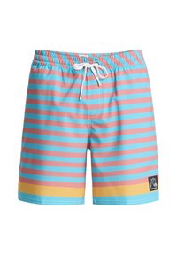 Zwemshorts met horizontale strepen in lichtblauw, roze en geel. Elastische tailleband met trekkoord; klein logoplaatje aan de zoom.