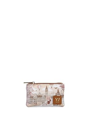 Piccola pochette con zip con stampa del paesaggio urbano di Londra, raffigurante il Big Ben, autobus a due piani, mongolfiere e una targhetta in pelle Y Not Milano.