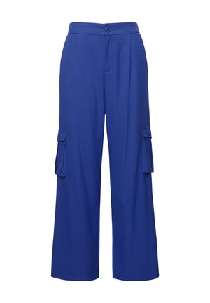 Pantaloni cargo larghi blu realizzati in un tessuto morbido, dotati di due tasche cargo laterali e chiusura a bottone in vita.