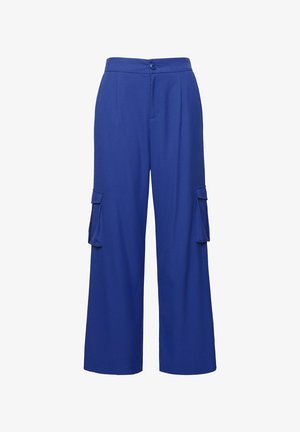 Pantalones cargo anchos de color azul, confeccionados en una tela suave, que cuentan con dos bolsillos laterales y un cierre de botón en la cintura.