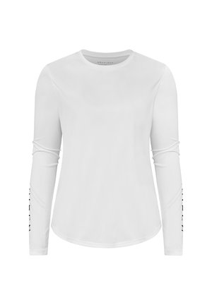 Camicia bianca a maniche lunghe con scollatura rotonda. Vestibilità slim e texture liscia, con testo stampato in nero sulla manica sinistra.