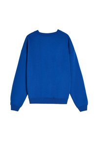 Niebieska bluza, materiał bawełniany, okrągły dekolt, długie rękawy, ściągacze przy mankietach i u dołu, luźny krój, jednolity kolor, bez wzorów i logo.