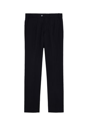 Pantalones de vestir negros de pierna recta con botón delantero y trabillas, mostrados extendidos sobre un fondo blanco.