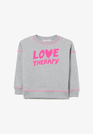 Felpa grigia con dettagli rosa, con scritta "LOVE THERAPY" e design a cuore. Tessuto morbido, colletto rotondo e maniche lunghe.