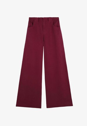 Burgundy wide-leg trousers made of cotton with a smooth texture, featuring two front pockets and a classic waistband design.