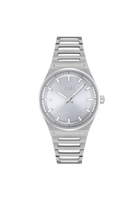 Montre en acier inoxydable argenté avec un cadran brossé, des indicateurs d'heure minimalistes et un bracelet à maillons. Présente des aiguilles audacieuses et le logo de la marque.