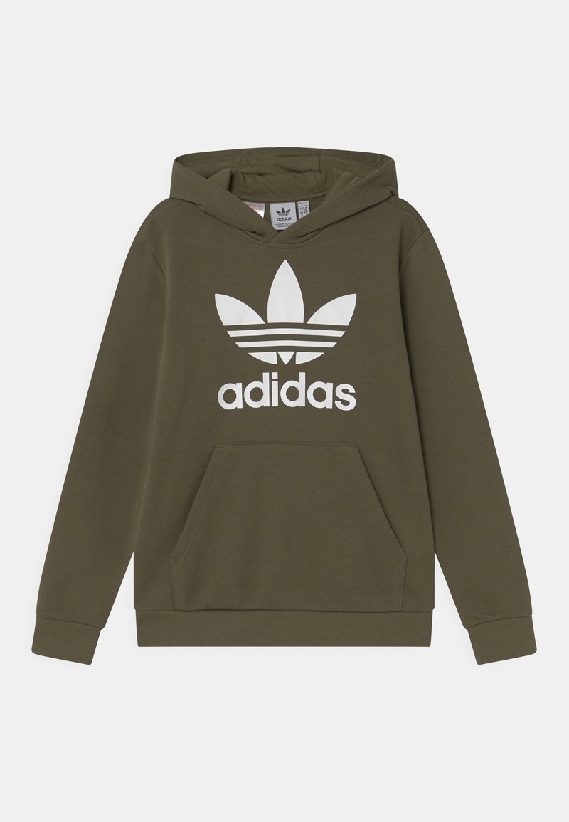 Olive green hooded sweatshirt in cotton blend, featuring front kangaroo pocket, ribbed cuffs, and large white adidas logo with three stripes.