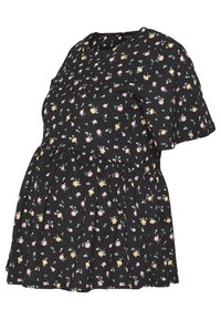 Blusa de maternidad en tejido negro con estampado floral. Presenta mangas cortas, un corte holgado y una cintura fruncida para mayor comodidad.