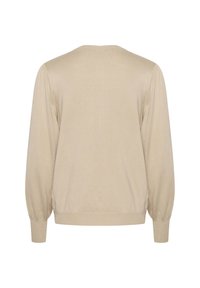 Béžový pletený svetr s kulatým výstřihem, dlouhými nadýchanými rukávy a žebrovanými manžetami. Látka má hladký, mírně strukturovaný povrch.