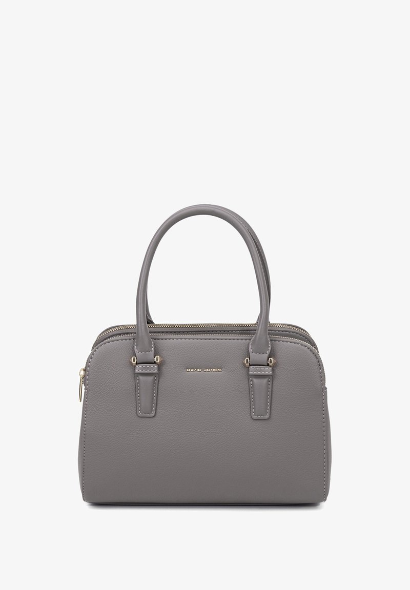 Sac à main en simili cuir gris avec double anses, double zip, quincaillerie en ton doré et texture lisse. Design compact et rectangulaire.