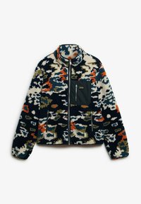 Chaqueta de felpa con cuello alto, que presenta un patrón abstracto multicolor en tonos marino, blanco, verde y naranja, con un bolsillo en el pecho con cremallera.