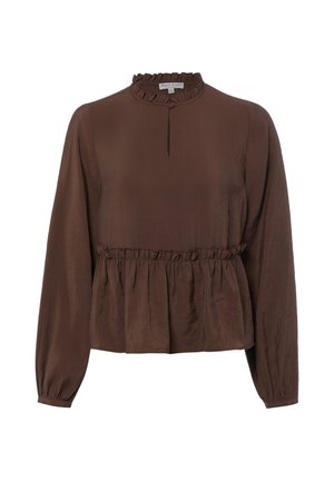 Bruine blouse met lange mouwen, met gerimpelde kraag, een keyhole-halslijn en een geplooide peplum-taille detail.