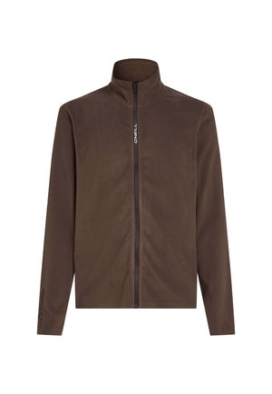 Braune Fleecejacke mit hohem Kragen und durchgehendem Reißverschluss. Verfügt über Polartec-Branding am linken Ärmel. Weiche Textur und einfaches Design.