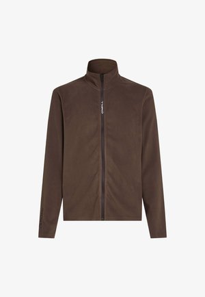 Brun fleecejakke med høj krave og fuld frontlynlås. Har Polartec-mærkning på venstre ærme. Blød tekstur og enkelt design.