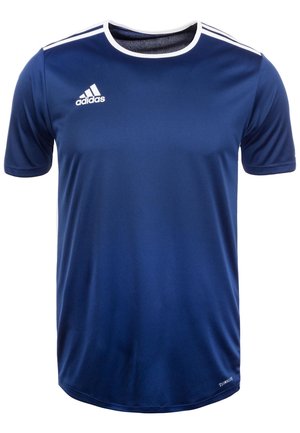 Granatowa sportowa koszulka z krótkim rękawem wykonana z lekkiego materiału, z białymi akcentami i logo Adidas na lewej piersi.