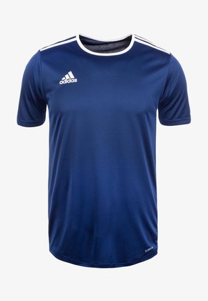 Granatowa sportowa koszulka z krótkim rękawem wykonana z lekkiego materiału, z białymi akcentami i logo Adidas na lewej piersi.