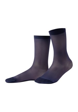 Paar transparente, dunkel marineblaue knöchelfreie Socken mit verstärkten Zehen und Bündchen, vor weißem Hintergrund dargestellt.