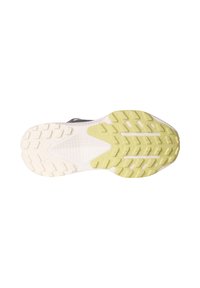 Suola della scarpa in gomma bianca e verde vivace. Presenta un motivo di presa testurizzata, battistrada rialzato e una transizione uniforme tra i colori.