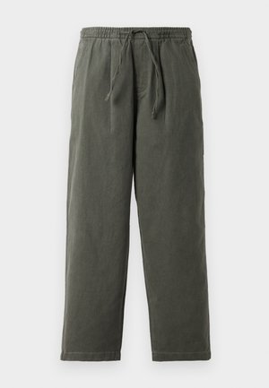 Dark olive-green, drawstring waistband pants made of lightweight fabric. Loose fit with straight legs and no visible pockets or embellishments.