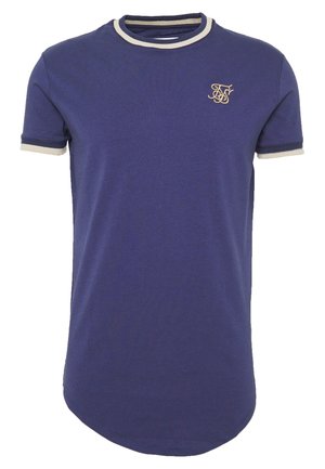 Maglietta a maniche corte blu navy con bordature a righe beige e blu navy su colletto e maniche, e piccolo logo beige ricamato sul petto.