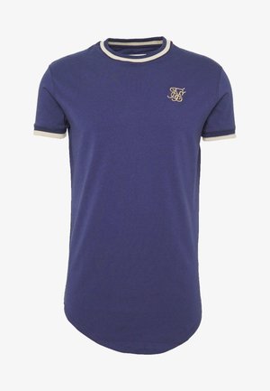 Marineblaue Kurzarm-T-Shirts mit beigen und marineblauen gestreiften Abschlüssen am Kragen und an den Ärmeln sowie kleinem beige besticktem Logo auf der Brust.