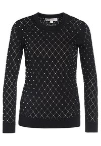 Czarny sweter dzianinowy z okrągłym dekoltem. Ozdobiony diamentowym wzorem, zdobionym srebrnymi ćwiekami. Długie rękawy, ściągacze przy mankietach i u dołu.