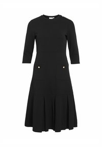 Robe midi noire avec manches trois-quarts, deux poches avant avec boutons dorés, jupe plissée et boutons dorés sur une épaule.