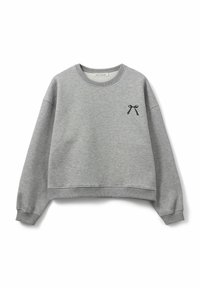 Gray cropped sweatshirt in cotton blend, featuring a round neckline and dropped shoulders. Includes a black ribbon graphic on the chest.
